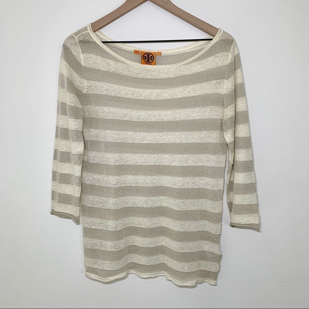 Tory Burch Striped Cream & Gold Metallic Top, M
